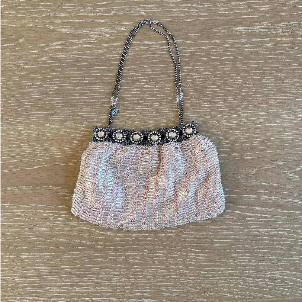 Clara Kasavina Evening Bag Beaded Chain Strap Pink Silver